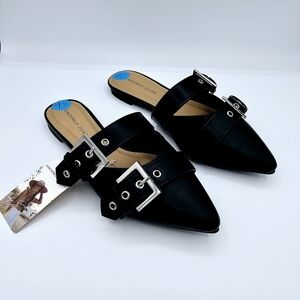 Sincerely Jules Black Buckle Pointed Toe Flats Mules NWT
